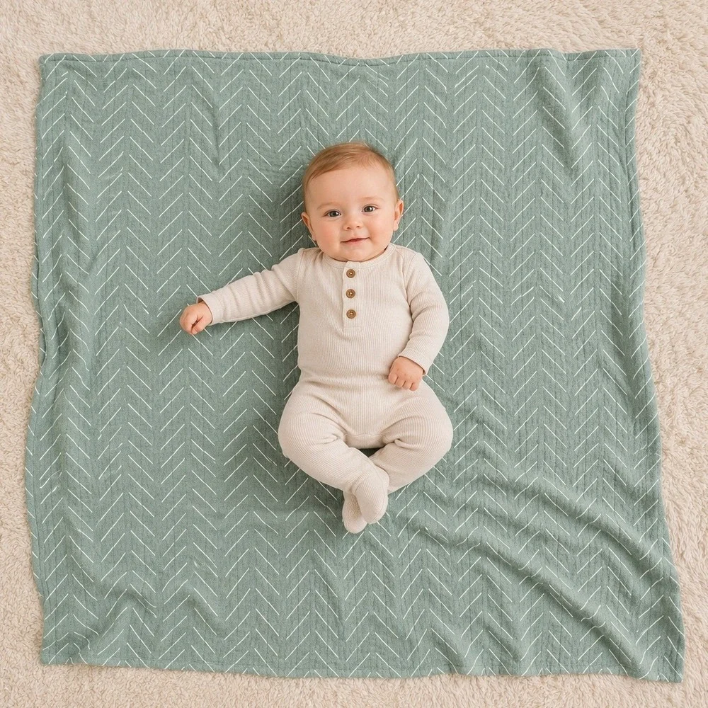 Itzy Ritzy Swaddle Blanket Baby‎ 42x42 Green Chevron Muslin Cotton Nursing Loop